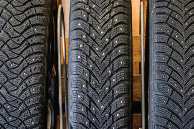 The Falken, Nokian, and Michelin tires after the tests (the Michelin was showing the least signs of wear; they were slightly more prominent on Nokian, and Falken lost more than half of its studs)